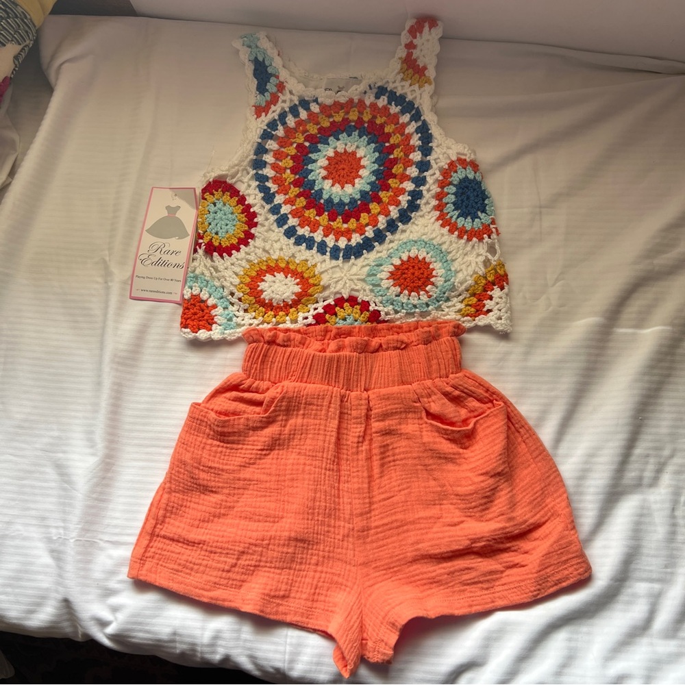 NWT Rare Editions 2 Pc Girl's Crochet Tank Top With Short Set Size 7